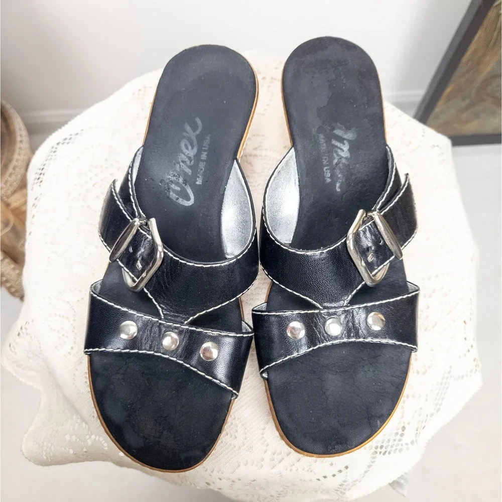Y2K Black Wedge Mules Sandals Studded‎ Buckle Slip On Platform Onex 2000s Size 9